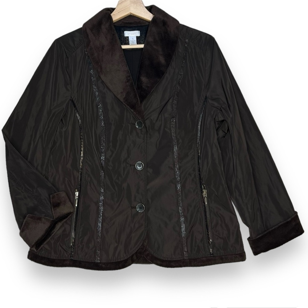 Chico’s Jacket Women’s M/8 Brown Animal Print Faux-Fur Trim Size 1 Lined Pockets